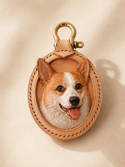 Custom pet portrait leather charm with a handmade dog portrait, natural leather frame, and gold hardware on a warm neutral background