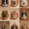 Gallery of custom pet portrait leather charms featuring different dog and cat portraits in handmade natural leather frames