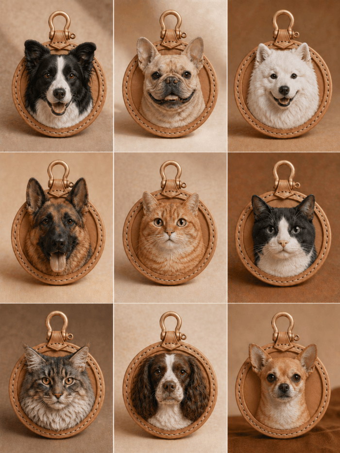 Gallery of custom pet portrait leather charms featuring different dog and cat portraits in handmade natural leather frames