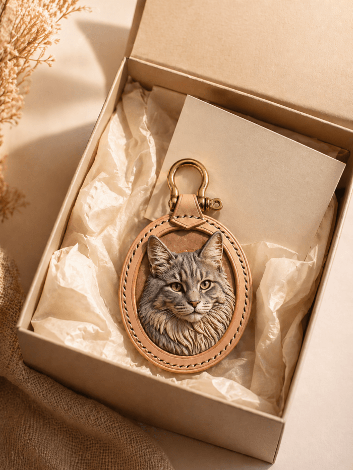 Custom cat portrait leather charm presented in a premium gift box with tissue paper, handmade natural leather frame, and gold hardware