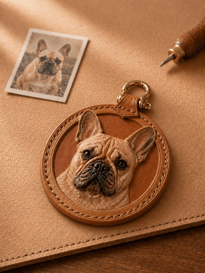 Custom dog portrait leather charm on a leather work surface with a pet photo reference and hand tool, showing the handmade personalization process