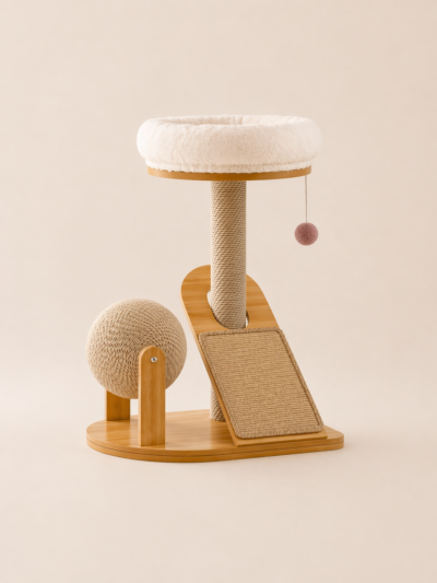 Compact cat climbing frame with sisal scratch post, plush top bed, scratch ramp, and hanging toy