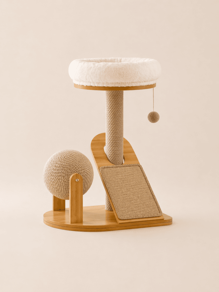 Compact cat climbing frame with sisal scratch post, plush top bed, scratch ramp, and hanging toy