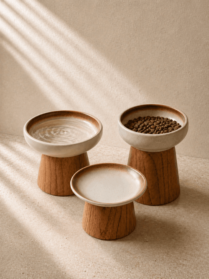 Elevated ceramic cat bowl set with wooden stands for cats