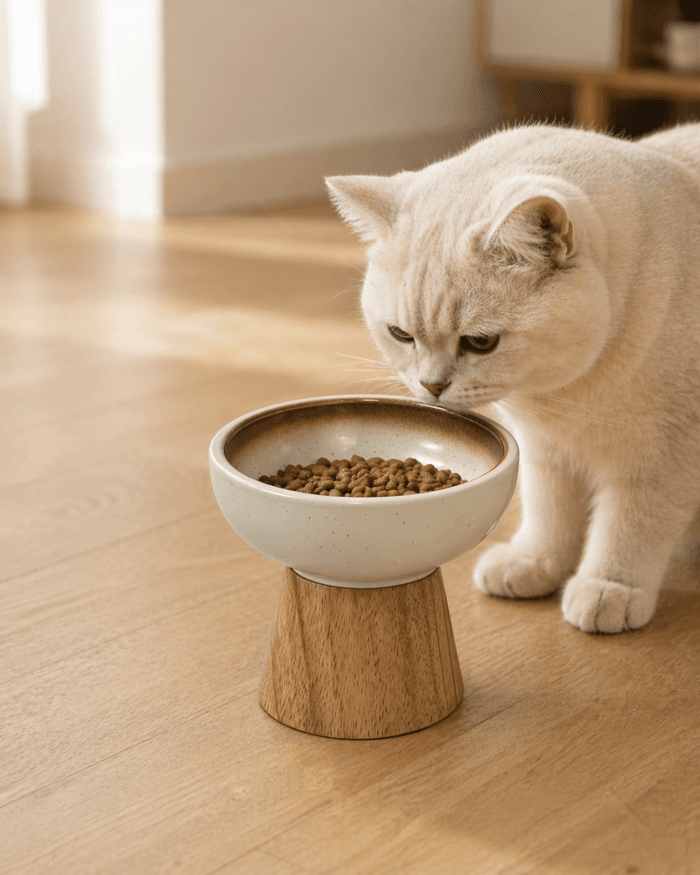 Cat eating dry food from an elevated ceramic cat bowl with wooden stand