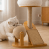 Cat using a compact sisal climbing frame with scratch ball, scratching post, ramp, and plush top bed