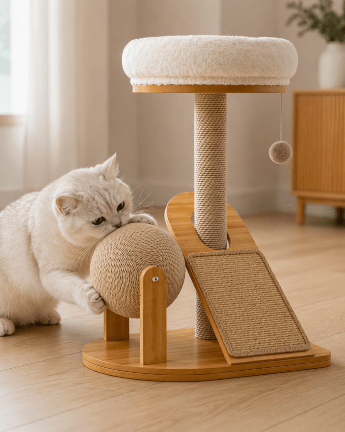 Cat using a compact sisal climbing frame with scratch ball, scratching post, ramp, and plush top bed