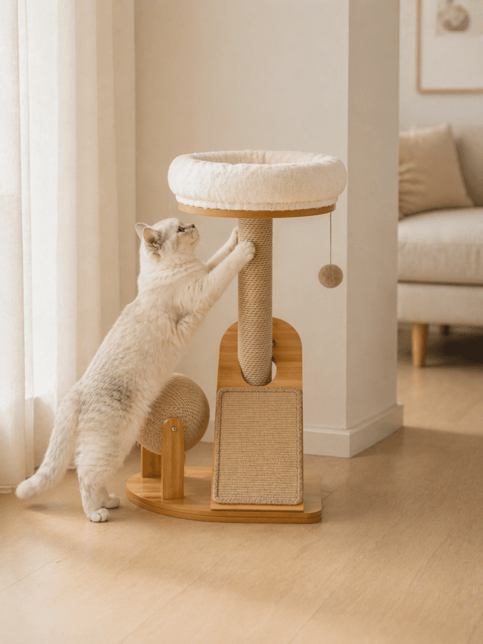 Cat scratching the sisal post on a compact cat climbing frame with plush top bed and wood base