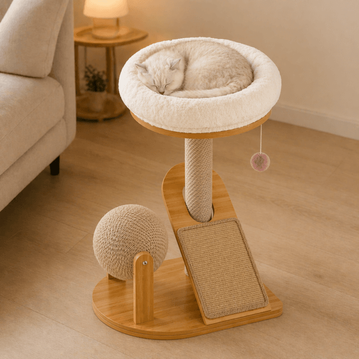 Cat sleeping on the plush top bed of a compact cat climbing frame with sisal scratching areas