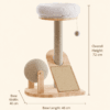 Size guide for a compact cat climbing frame with sisal scratch post, plush top bed, scratch ramp, and wood base
