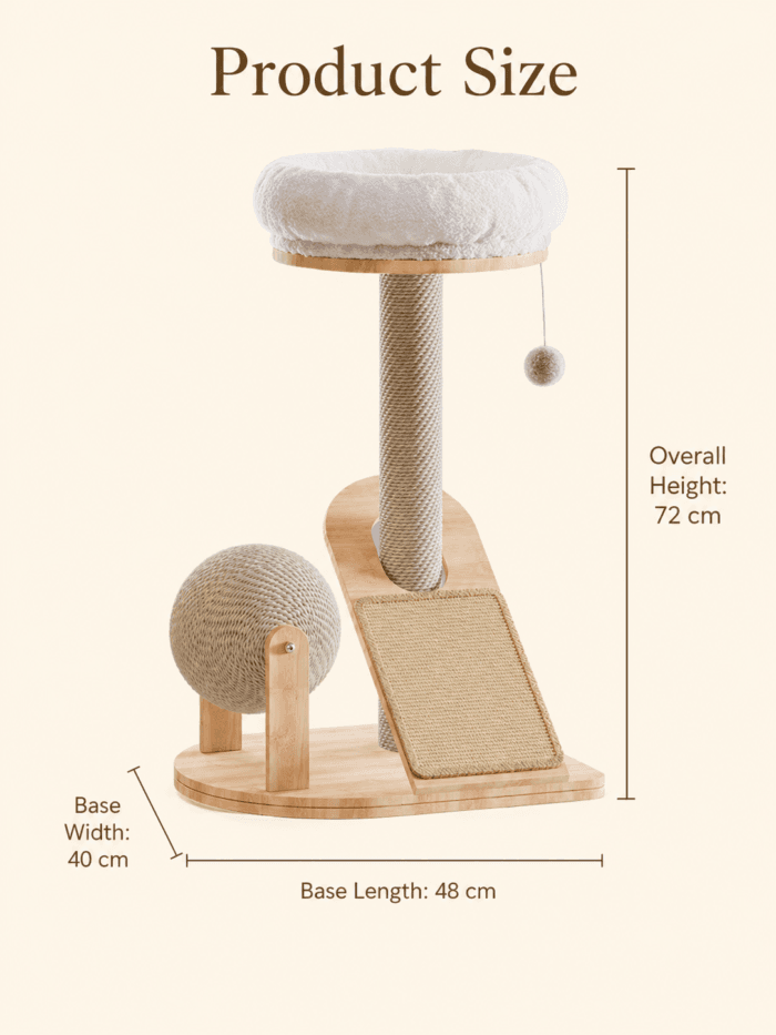 Size guide for a compact cat climbing frame with sisal scratch post, plush top bed, scratch ramp, and wood base
