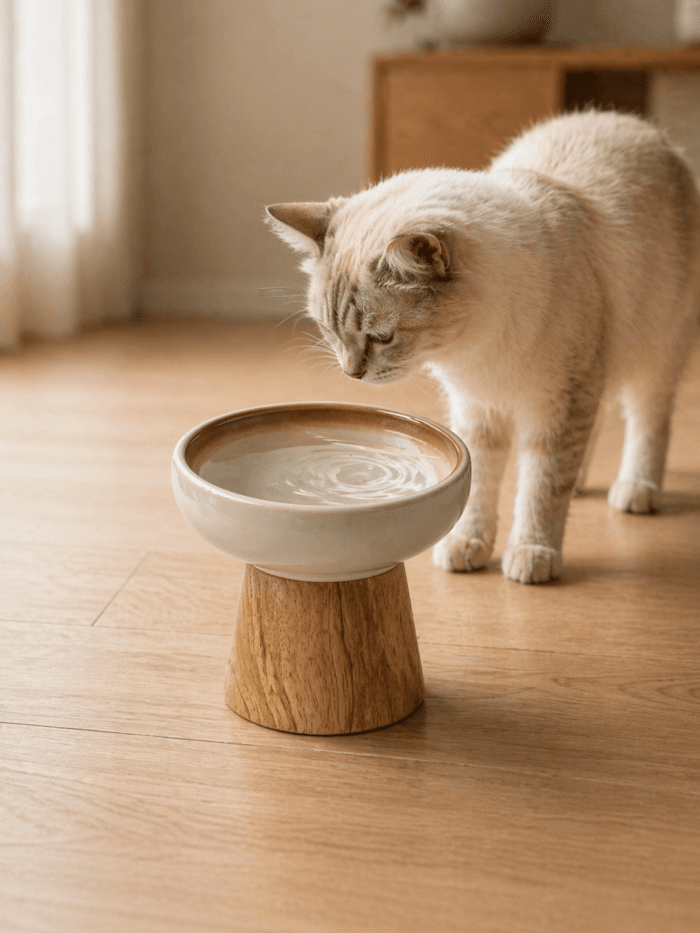 Cat drinking water from a raised ceramic cat bowl with wooden stand