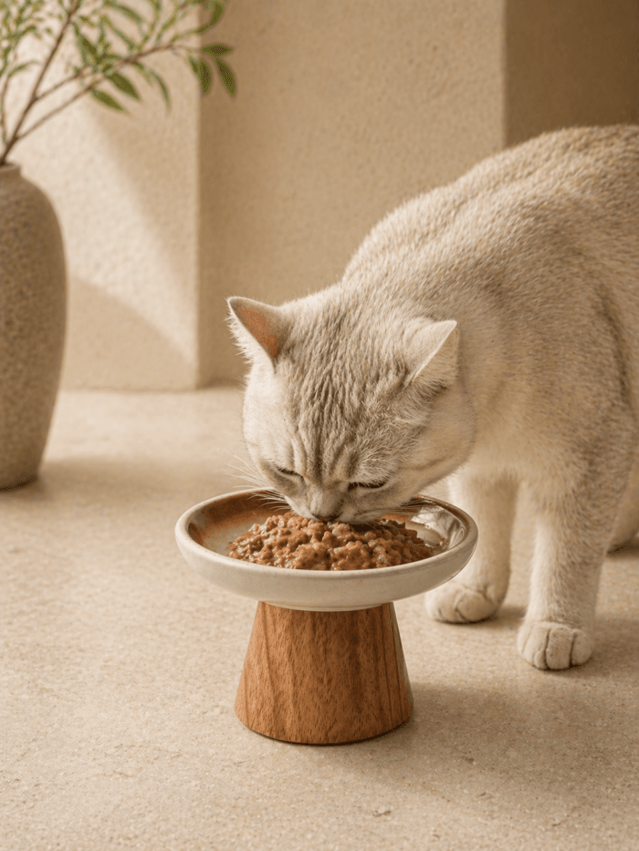 Cat eating wet food from a shallow ceramic dish with wooden stand