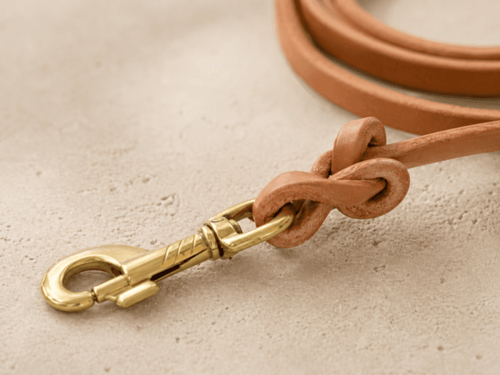 Close-up of a genuine leather dog leash knot with brass clip hardware