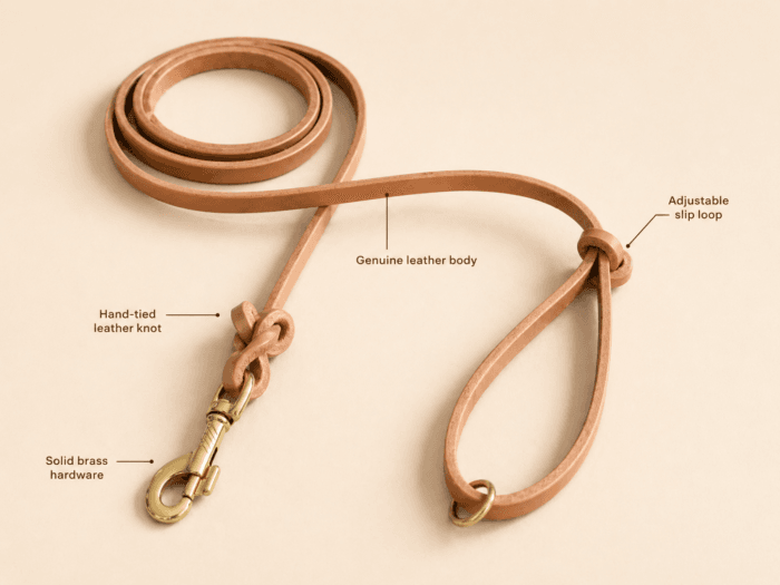 Genuine leather slip lead dog leash with leather body, handle loop, knot detail, and brass hardware