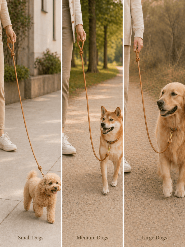 Leather slip lead dog leash shown with small, medium, and large dogs for everyday walks
