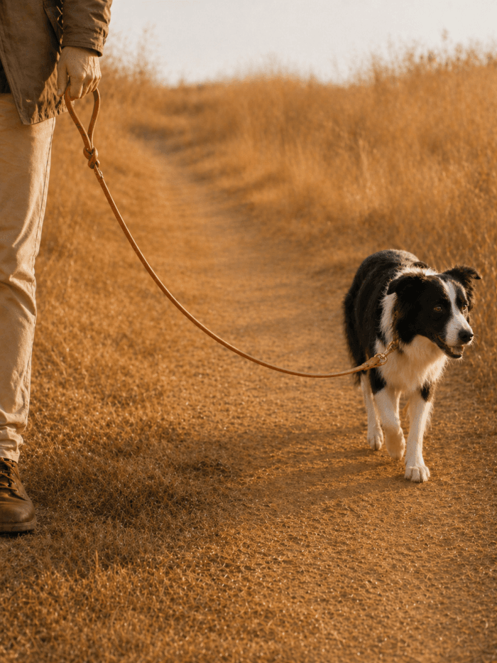 Dog walking outdoors with a genuine leather slip lead leash for steadier control