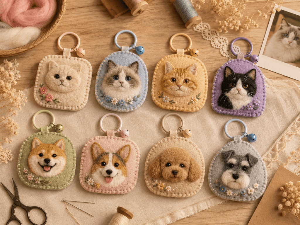 Custom pet portrait felt charms featuring handmade dog and cat portraits with soft wool felt texture, pastel colors, and floral embroidered details
