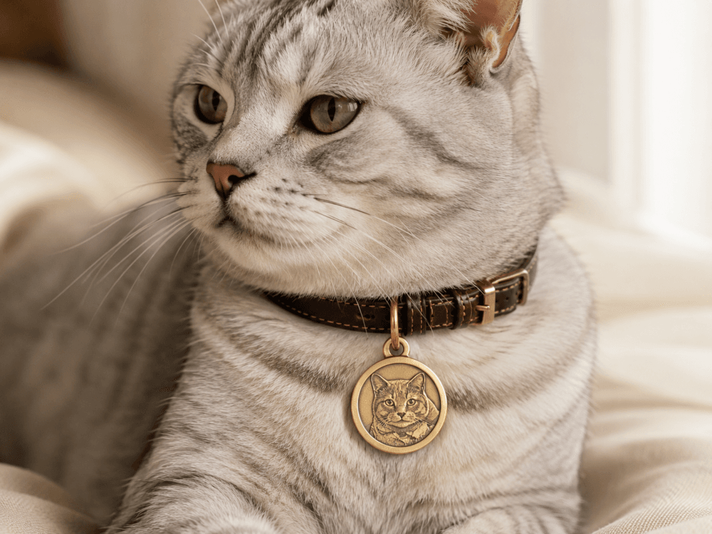 Custom engraved brass pet tag worn on a cat collar, featuring a detailed cat portrait engraving in a warm indoor setting