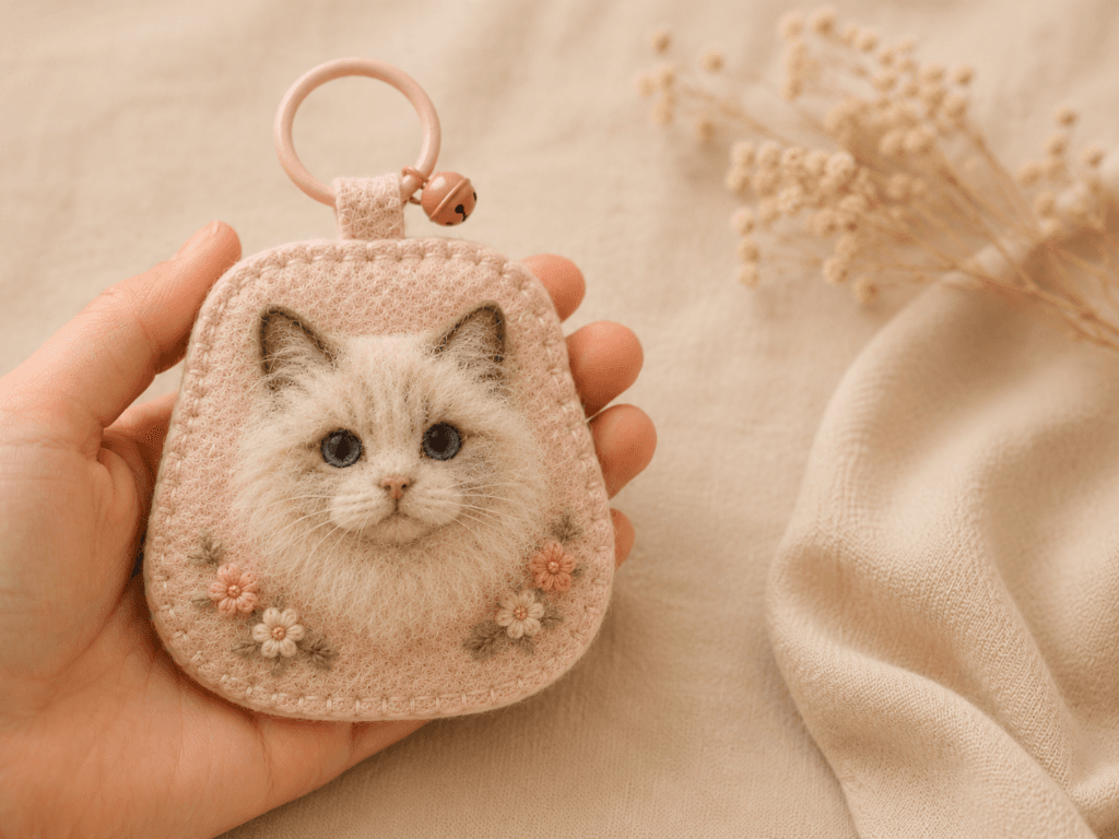 Custom cat portrait felt charm held in hand, showing soft wool texture, handmade floral embroidery, and a pastel pink keyring