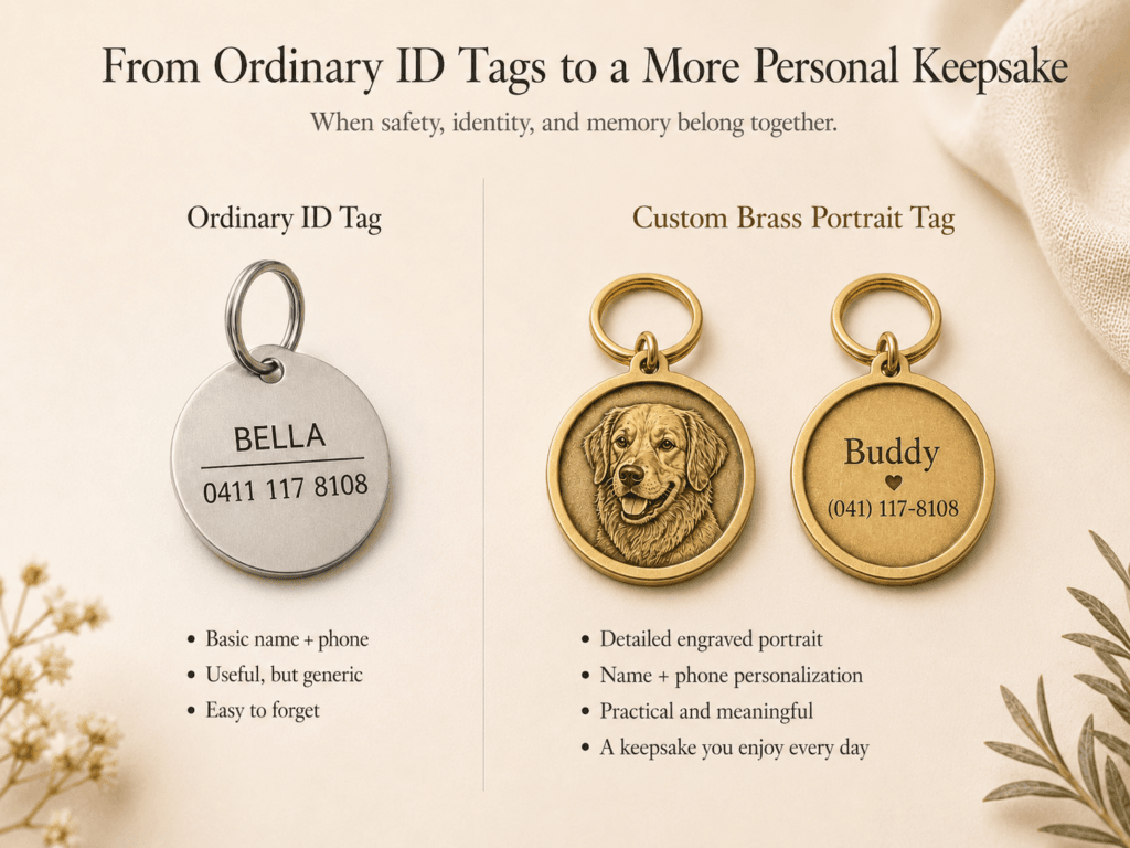 Comparison of an ordinary pet ID tag and a custom engraved brass pet tag with detailed portrait engraving, name, and phone personalization