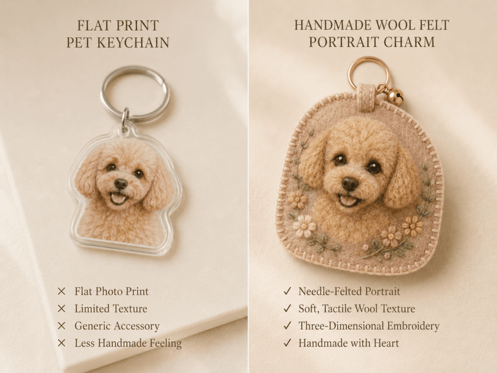 Comparison of a flat print pet keychain and a handmade wool felt pet portrait charm, showing the difference in texture, dimension, and handcrafted detail