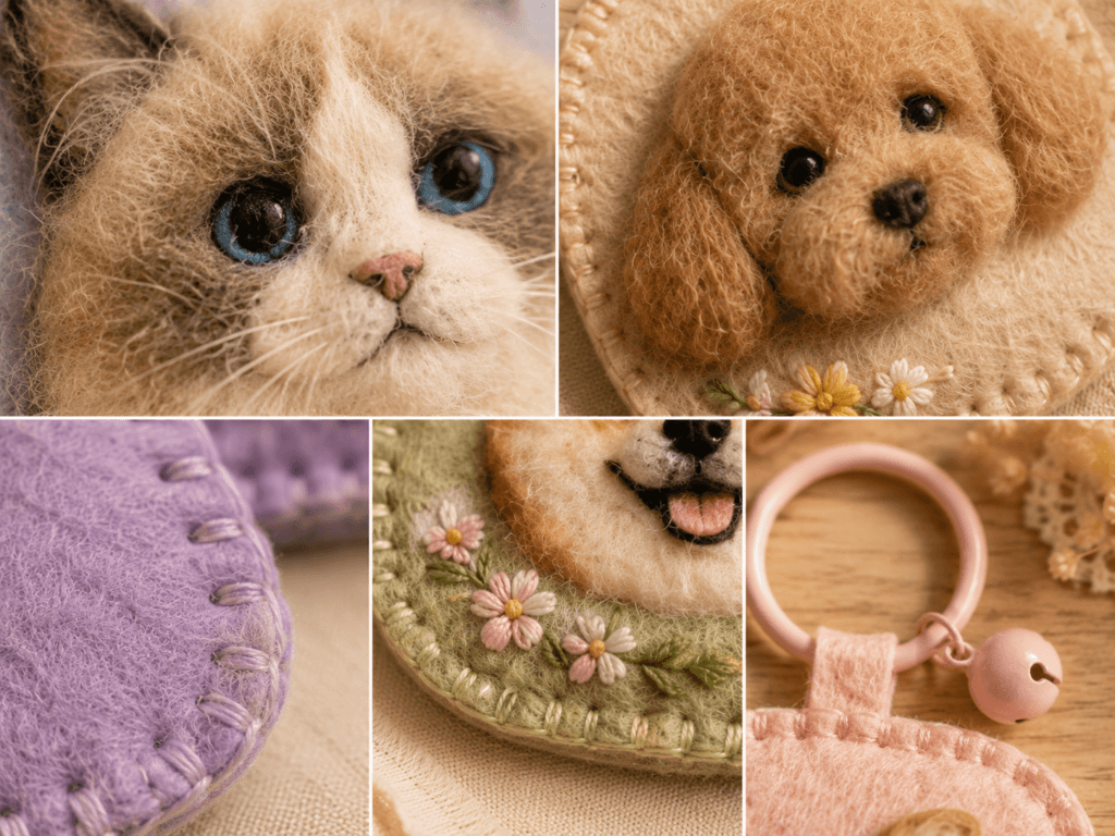 Close-up details of a custom wool felt pet portrait charm showing soft handmade texture, dimensional pet faces, stitched edges, floral embroidery, and pastel keyring hardware