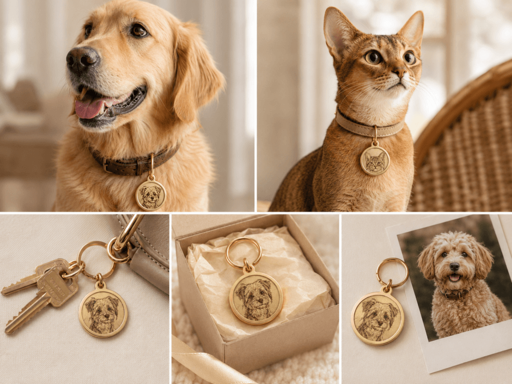 Custom engraved brass pet tags shown on dog and cat collars, with keys, gift packaging, and a pet photo as meaningful personalized ID keepsakes