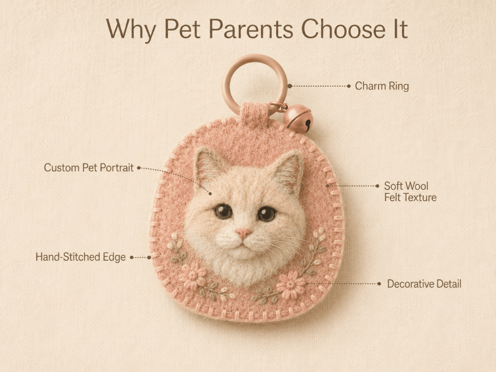 Feature image of a custom wool felt cat portrait charm showing charm ring, hand-stitched edge, soft wool felt texture, custom pet portrait, and decorative embroidery
