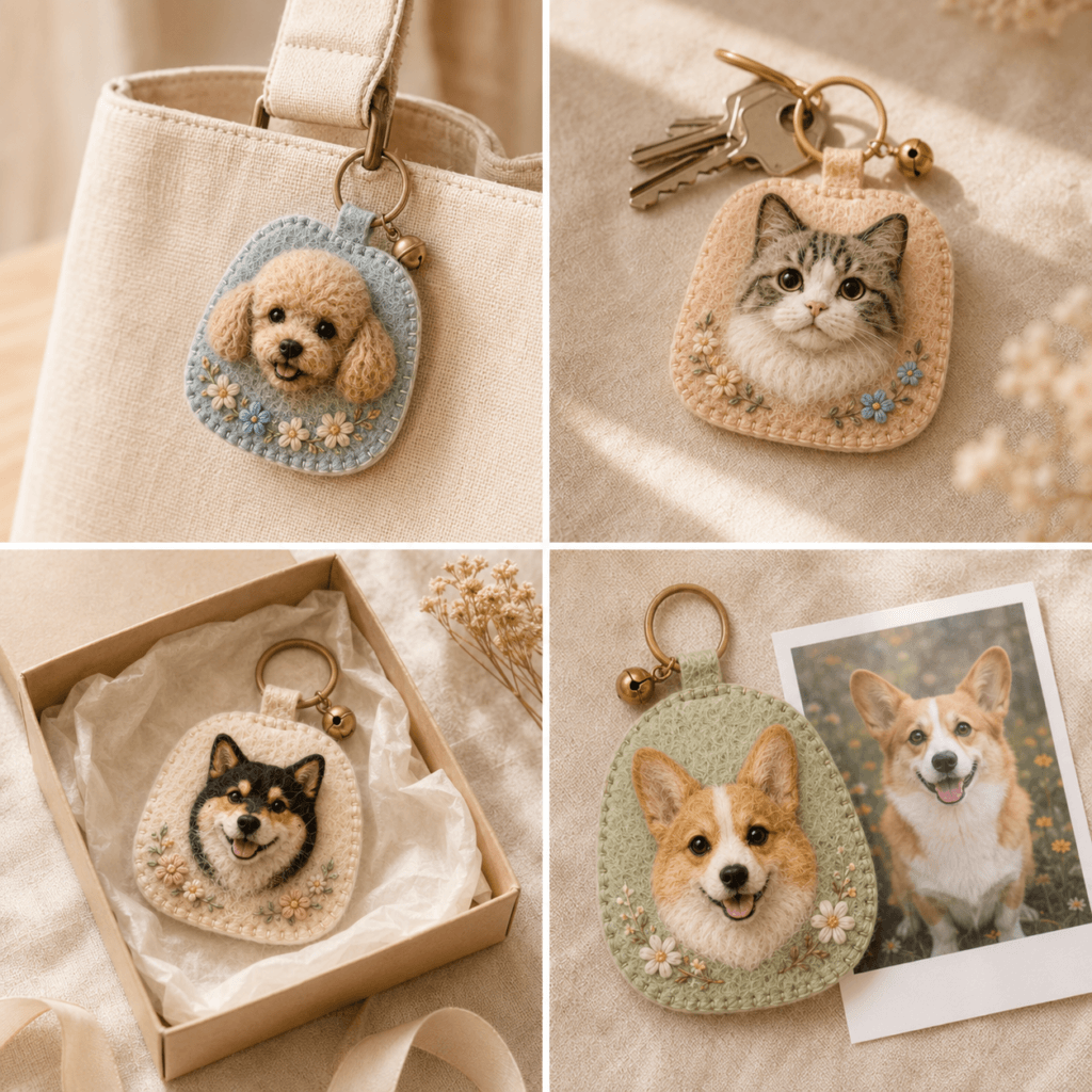 Custom wool felt pet portrait charms shown on a canvas bag, with keys, in a gift box, and beside a pet photo as meaningful handmade keepsakes