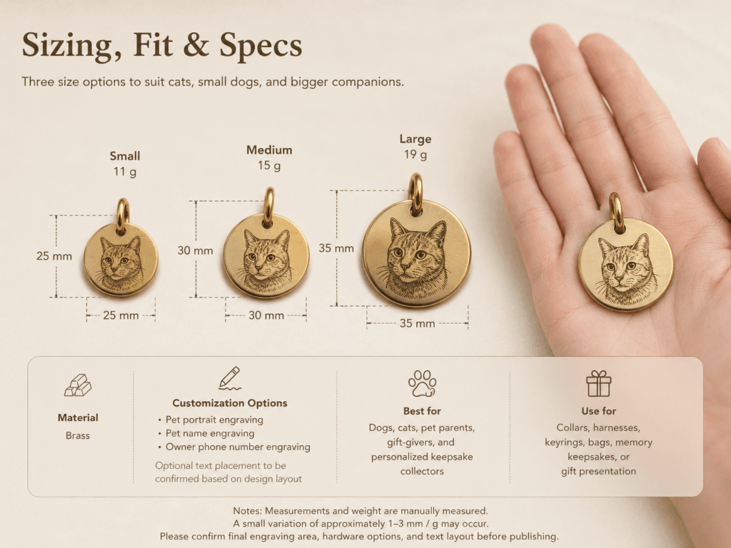 Size guide for custom engraved brass pet tags showing small 25 mm, medium 30 mm, and large 35 mm options with weights and hand scale reference