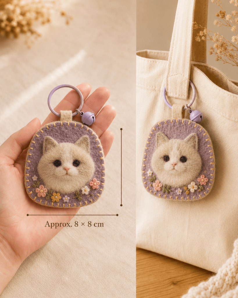Custom wool felt cat portrait charm size guide showing an approximate 8 by 8 cm handmade felt charm held in hand and attached to a canvas bag