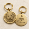 Custom engraved brass pet tag showing a detailed dog portrait on the front and personalized pet name and phone number on the back