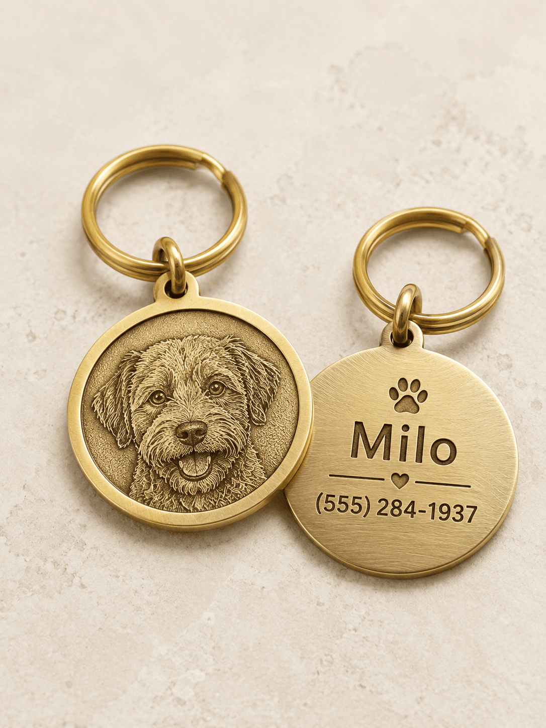 Custom Engraved Brass Pet Tag Portrait ID Custom Engraved Brass Pet Tag main product view with personalized design details