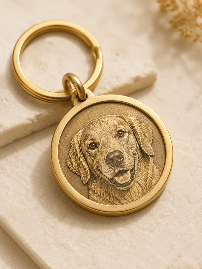 Close-up of a custom engraved brass pet tag with a detailed dog portrait engraving, polished round edge, and gold keyring