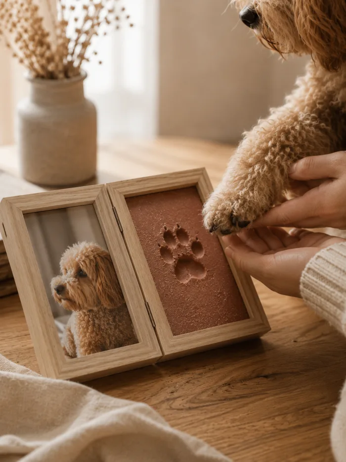 Pet Paw Print Keepsake Frame product gallery image 2 showing personalized pet memorial keepsake