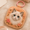 Custom cat portrait felt charm with soft wool texture, blue-eyed cat face, pastel pink loop, and handmade floral embroidery details