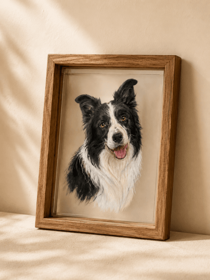 Custom Pet Portrait Glass Art lifestyle product image featuring hand painted custom pet portrait glass art