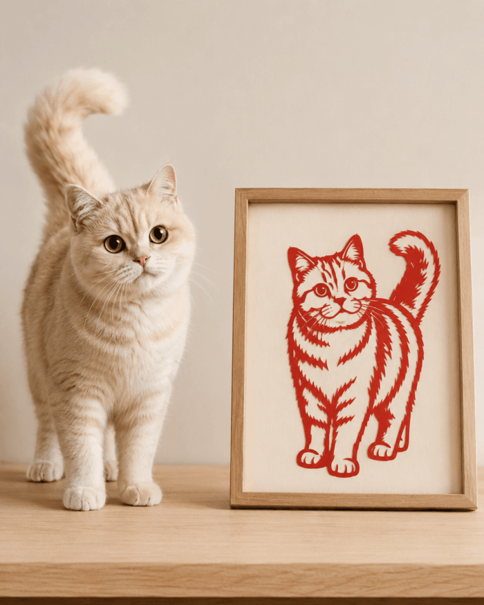 Custom Pet Portrait Papercut lifestyle product image featuring handmade pet portrait papercut artwork