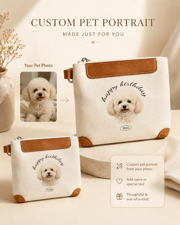 Custom Pet Portrait Pouch Personalized Zip Clutch Custom Pet Portrait Pouch gallery image 2 showing personalized design details