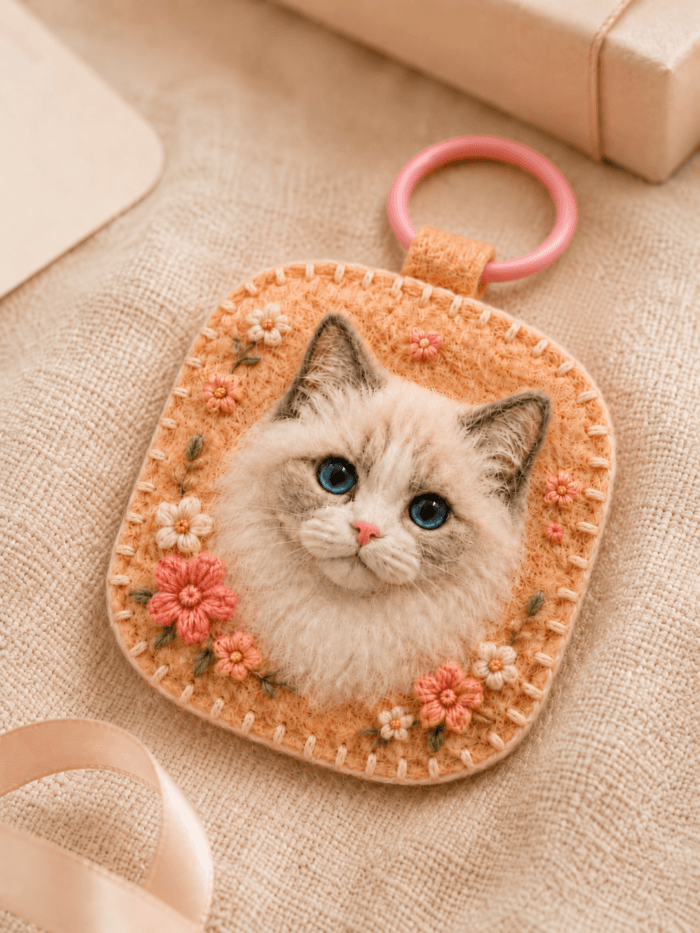 Custom cat portrait felt charm with soft wool texture, blue-eyed cat face, pastel pink loop, and handmade floral embroidery details