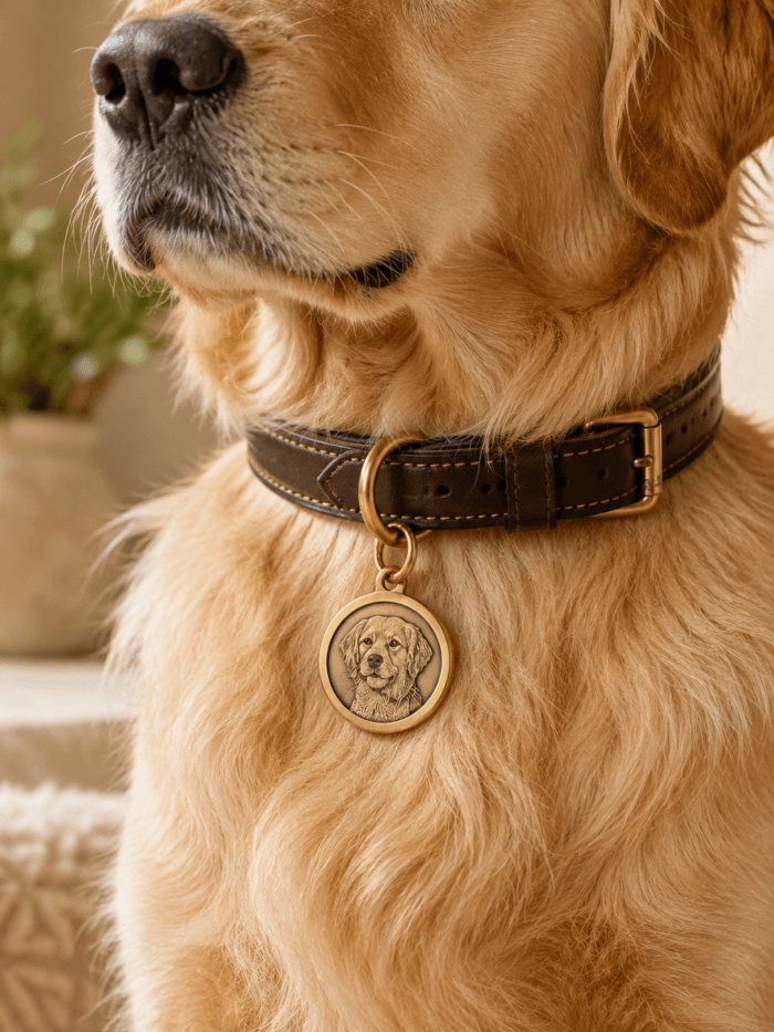 Custom engraved brass pet tag attached to a brown leather dog collar, featuring a detailed portrait engraving on a golden retriever
