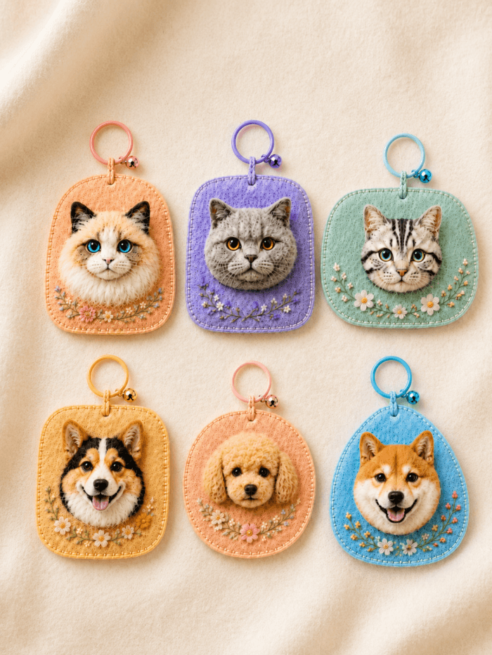 Collection of custom pet portrait felt charms featuring handmade dog and cat portraits in colorful wool felt designs with floral embroidery