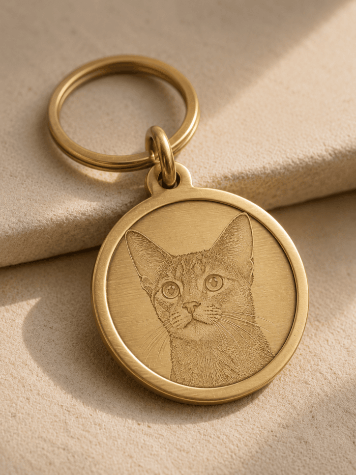 Close-up of a custom engraved brass pet tag with a detailed cat portrait engraving, round polished edge, and warm brushed brass finish