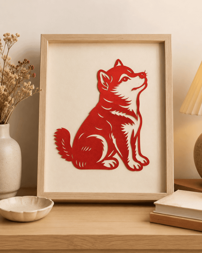 Custom Pet Portrait Papercut lifestyle product image featuring handmade pet portrait papercut artwork