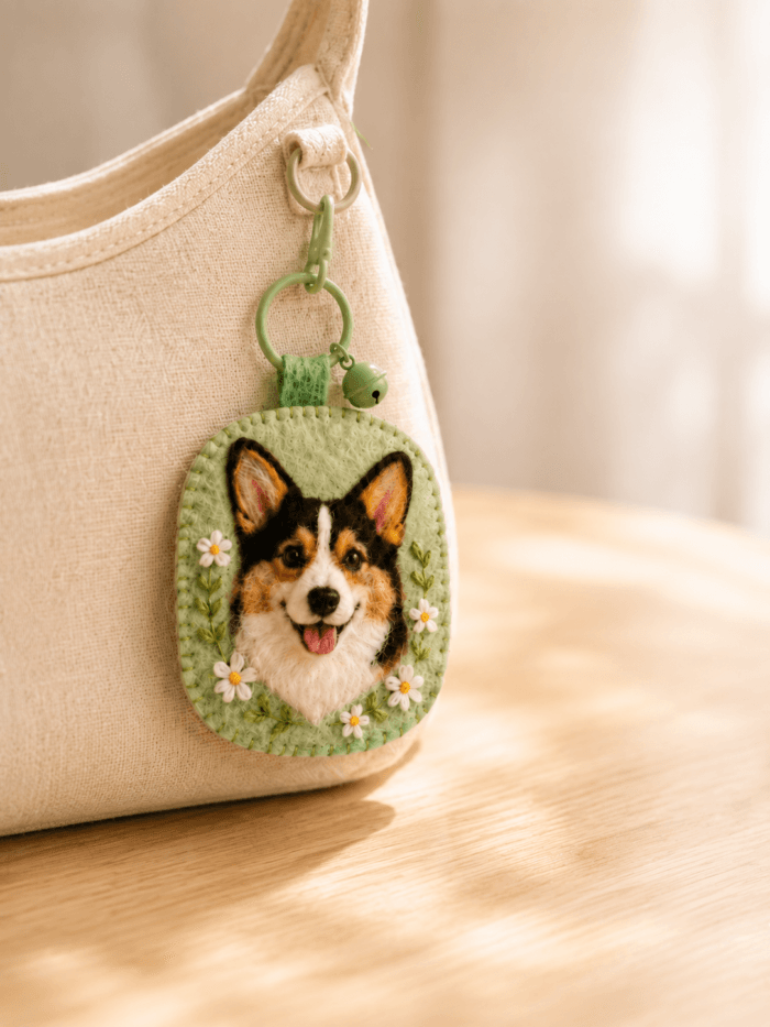 Custom dog portrait felt charm attached to a canvas bag, featuring a handmade wool felt pet portrait with floral embroidery in a warm home setting