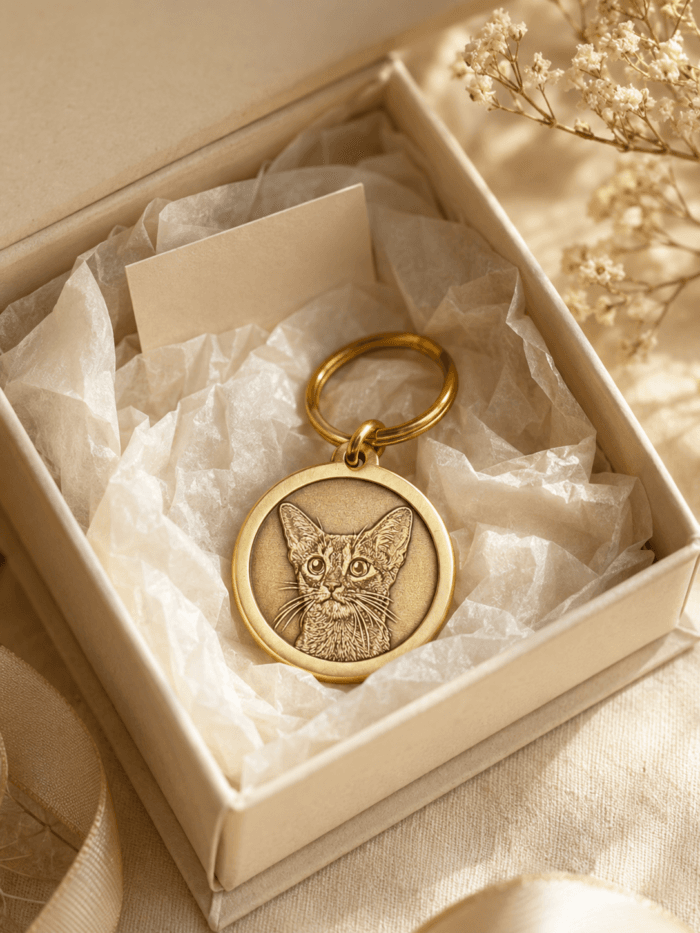 Custom engraved brass pet tag with a cat portrait presented in a premium gift box with tissue paper and warm neutral styling