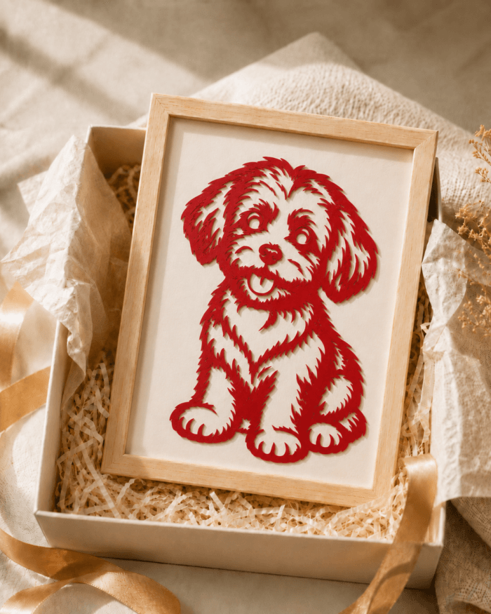 Custom Pet Portrait Papercut lifestyle product image featuring handmade pet portrait papercut artwork