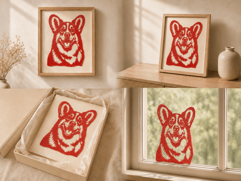 Custom Pet Portrait Papercut product gallery image featuring handmade pet portrait papercut artwork