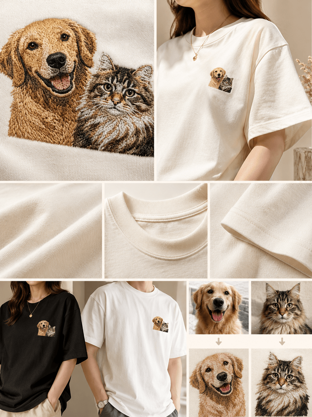 Custom Pet Embroidery T-Shirt detail and personalization image featuring personalized dog or cat embroidery T-shirt portrait